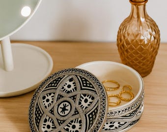 Handpainted Moroccan Ceramic Jewelry Box: Silver Nickel Trinket, Boho Decor