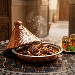 May include: A copper tagine dish with a conical lid, filled with a stew of meat, dried fruit, and nuts. Steam rises from the dish, and two glasses of tea with mint are on the side. The dish sits on a mosaic table.
