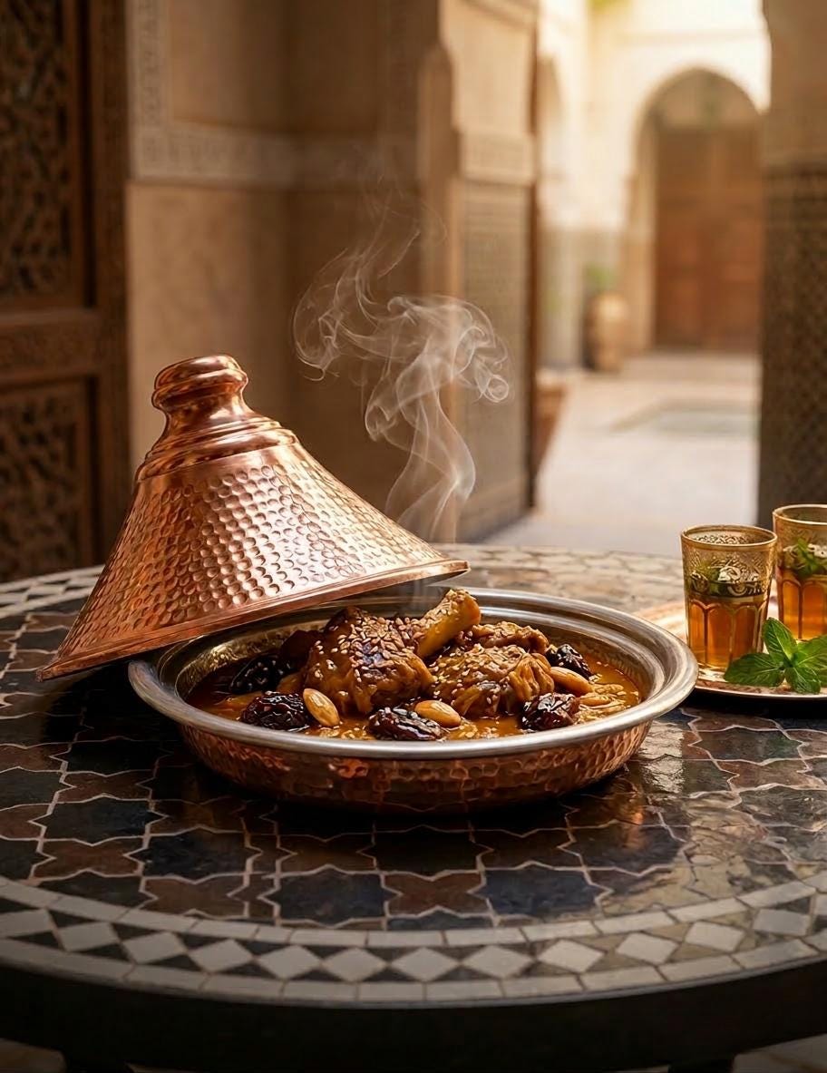 Tajine Marocain Plateau Laiton Cuivre - Décor Taiffour Bleu Fait Main