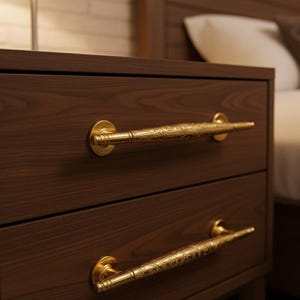 Op de afbeelding: Een close-up van een donkerbruin houten nachtkastje met twee lades. Elke lade heeft een goudkleurige, sierlijke handgreep. De handgrepen hebben een gedetailleerd, gestructureerd ontwerp. Het nachtkastje maakt deel uit van een slaapkamerset.