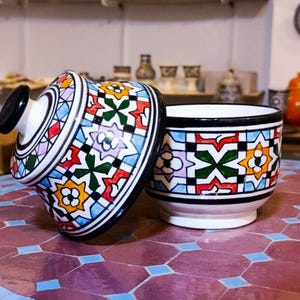 Handpainted Moroccan Ceramic Bowl with Lid: Boho Kitchen Decor