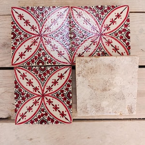 Handmade Moroccan Zellige Tiles: Red & White Floral Ceramic Mosaic