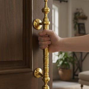 Peut inclure: Une poignée de porte dorée avec des détails ornés est tenue contre une porte en bois brun foncé. La poignée a un design long et vertical avec des éléments décoratifs et des plaques de montage circulaires.