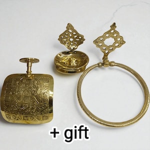 Handcrafted Moroccan Brass Bathroom Set: Gold Towel Ring, Soap Dish & Toilet Paper Holder