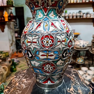 Handmade Moroccan Ceramic Vase: Colorful Nickel Silver Pottery