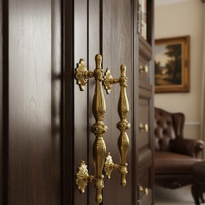 Könnte beinhalten: Nahaufnahme eines dunkelbraunen Holzschranks mit verzierten goldfarbenen Griffen. Die Griffe haben ein detailliertes, vintage Design. Der Schrank scheint Teil eines größeren Möbelstücks zu sein, möglicherweise ein Bücherregal oder eine Anrichte.