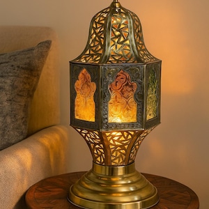 Moroccan Brass Table Lamp: Handmade Stained Glass Lantern, Boho Decor