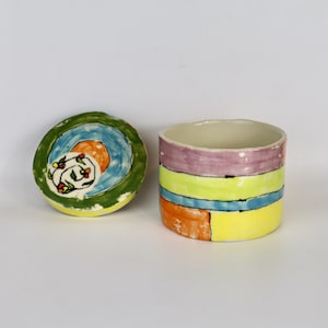 Hand Built Colorful Jar with Hand-drawn Mono-Print Design