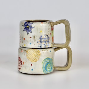 Set of 2 Colorful Mono-Print Pottery Cups: Whimsical Design