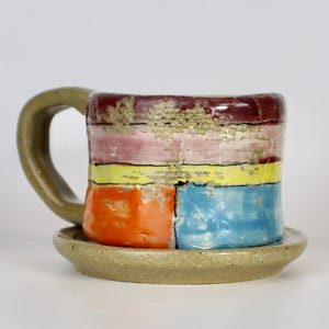 Mono-Print Pottery Cup and Saucer: Whimsical Stoneware Tea Set