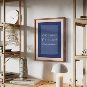 May include: A framed print with a blue background and white text. The text is a mathematical formula for calculating the length of the sides of a triangle. The frame is brown wood.