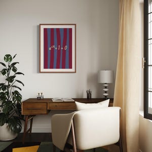 Op de afbeelding: Een ingelijst drukwerk met een rood-blauwe gestreepte achtergrond en de wiskundige vergelijking "e^(i*pi) + 1 = 0" in witte tekst. De print hangt aan een witte muur boven een houten bureau met een witte stoel.