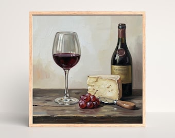 Può includere: Dipinto con cornice di natura morta con un bicchiere di vino rosso, una bottiglia di vino, una fetta di formaggio, un grappolo d'uva e un coltello da formaggio. L'opera ha un'atmosfera rustica, su un tavolo di legno.