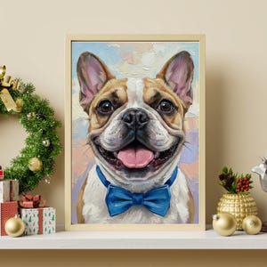 May include: A framed painting of a smiling French Bulldog wearing a blue bow tie. The dog has brown and white fur, with a pink tongue. The background has pastel colors. The frame is a light beige color.