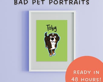 Könnte beinhalten: Gerahmte Illustration eines Hundes namens Toby, vor einem hellgrünen Hintergrund. Das Kunstwerk befindet sich in einem weißen Rahmen, mit dem Text "BAD PET PORTRAITS" oben und "READY IN 48 HOURS!" unten.