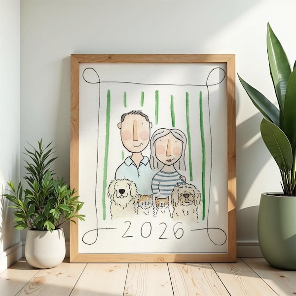 Custom Watercolor Family Portrait with Pets, Quirky Hand-Drawn Illustration, Holiday Card, Wedding, Anniversary Gift