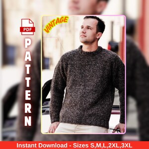 May include: A man in a brown speckled sweater. The image features the word "VINTAGE" and the word "PATTERN" vertically. The text "Instant Download - Sizes S,M,L,2XL,3XL" is also present.