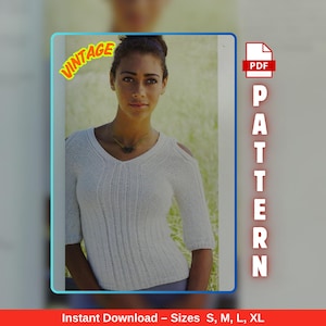 Puede incluir: Portada de un patrón PDF vintage que muestra a una mujer con un suéter blanco de manga corta con cuello en V y cortes en los hombros. La palabra "VINTAGE" está en una pancarta amarilla. La palabra "PATTERN" está escrita verticalmente. El texto "Instant Download - Sizes S, M, L, XL" está en la parte inferior.