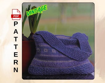 Vintage Knit Shoulder Bag Pattern PDF – DIY Striped Yarn Purse Design with Textured Strap – Easy Knitting Pattern for Handmade Tote