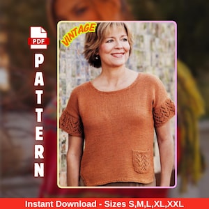 May include: A vintage PDF knitting pattern for a short-sleeved top. The top is a warm brown colour with a small pocket and decorative lace detailing on the sleeves. The text "VINTAGE" and "PATTERN" are visible.