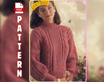 Vintage Women’s Sweater Knitting Pattern PDF, Cable Knit Pullover Digital Download, Retro Jumper DIY Pattern, Easy Knit Top