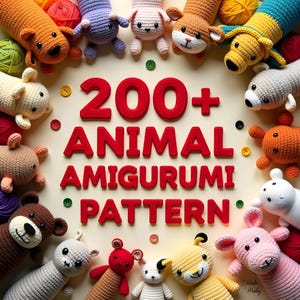 Könnte beinhalten: Eine Sammlung von über 200 Häkeltier-Amigurumi-Anleitungen. Das Bild zeigt eine Vielzahl von bunten gehäkelten Tieren, darunter eine Katze, ein Hund, ein Bär, ein Fuchs, ein Kaninchen, ein Pinguin, eine Giraffe, ein Zebra, ein Löwe, ein Tiger, ein Affe, eine Schildkröte, ein Fisch, ein Vogel, ein Schmetterling, ein Marienkäfer, eine Biene, eine Spinne, eine Schnecke, ein Wurm, eine Blume, ein Baum, eine Wolke, ein Stern, ein Herz, eine Sonne, ein Mond und ein Regenbogen. Die Anleitungen sind zum Download verfügbar und können verwendet werden, um eigene Amigurumi-Tiere zu erstellen.