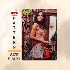 May include: A woman wearing a peach-colored, open-weave top and a gray tweed mini-skirt, holding a red handbag. The image has a vintage aesthetic, with the word "VINTAGE" in green. The pattern size is S-M-XL.