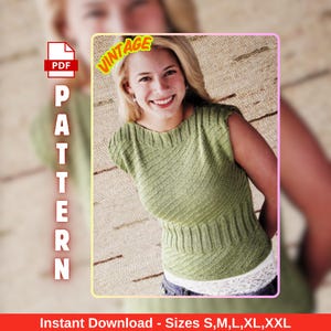 Könnte beinhalten: Ein grünes Strickoberteil mit strukturiertem Design. Das Bild enthält das Wort "VINTAGE" und "PATTERN". Der Text "Instant Download - Sizes S,M,L,XL,XXL" ist ebenfalls sichtbar. Das PDF-Symbol befindet sich in der oberen linken Ecke.