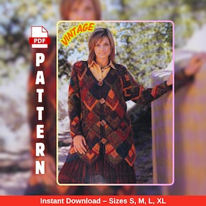 May include: A vintage PDF pattern cover featuring a woman wearing a long, multi-colored knitted cardigan with diamond-shaped patterns. The cardigan has shades of red, orange, and brown. The word "PATTERN" is vertically displayed on the left side, and "VINTAGE" is at the top.