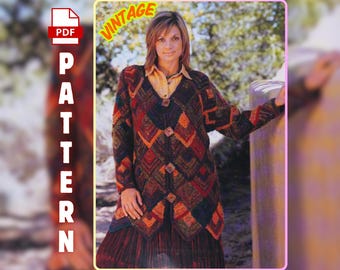 Autumn Coat Crochet PDF Pattern, Vintage Women’s Knitwear, Modular Diamond Cardigan Tutorial, Instant Download, Sizes S to XL, Retro Style