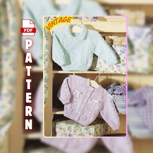 May include: A vintage PDF pattern featuring two knitted baby sweaters. The top sweater is light blue with a collared neckline. The bottom sweater is lavender with white bow accents. The word "PATTERN" is vertically displayed.