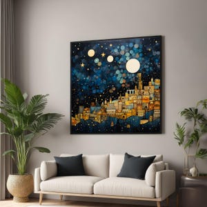 Toile paysage urbain étoilé, oeuvre d'art inspirée de Gustav Klimt, affiche ciel nocturne, toile d'art mural, décoration prête à accrocher