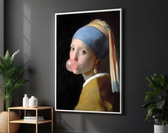 Modern Girl with a Pearl Earring, Pop Art Canvas, Bubble Gum Poster, Wall Art Canvas Design, Ready to Hang Decoration
