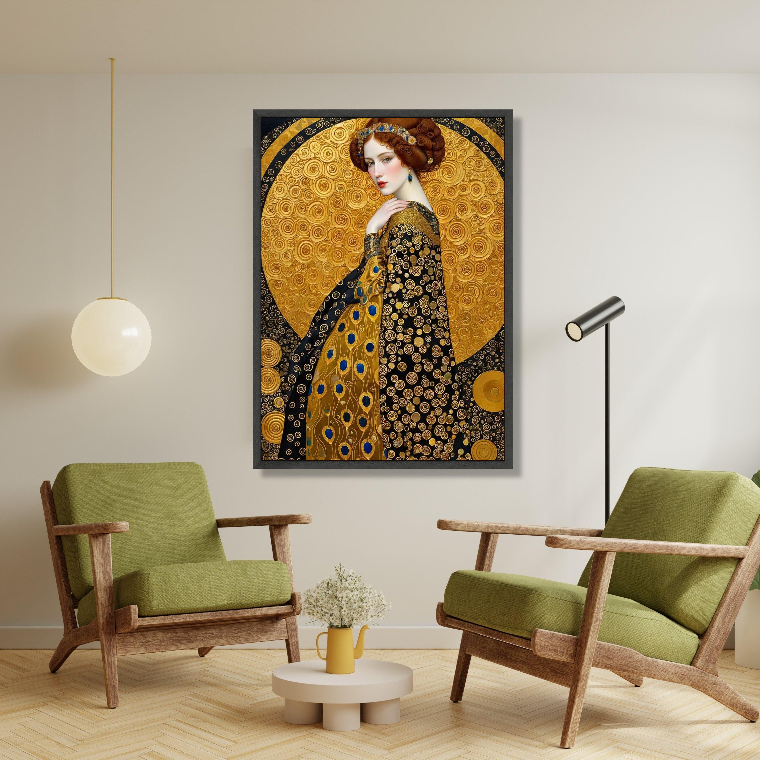 グスタフ・クリムト風の黄金の優雅さの肖像画、抽象的な円のキャンバス