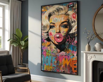 Pop Art Portrait Canvas, Colorful Graffiti Art, Bubblegum Girl Print, Wall Art Canvas Design, Ready to Hang Decoration