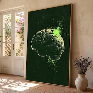 Op de afbeelding: Een rechthoekige wandkunstprint met een donkergroene achtergrond en een gedetailleerde anatomische illustratie van een menselijk brein in het midden. Het brein is geaccentueerd met heldere neongroene verfspatten.
