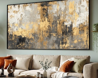 Modern Abstract Gold and Gray Canvas, Metallic Wall Art, Contemporary Home Decor, Large Statement Canvas Painting, Ready to Hang Artwork