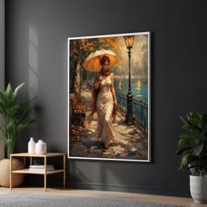 Elegant Woman with Umbrella, Autumn Evening Canvas, Romantic Park Scene, Vintage Style Wall Art, Lakeside Walk Canvas Decoration