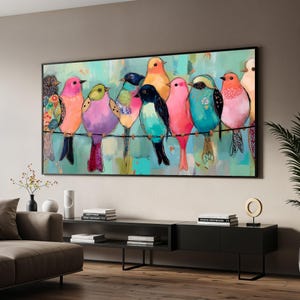 Lienzo de pájaros coloridos, arte mural de pájaros vibrantes, lienzo de pájaros multicolor, diseño de lienzo para pared, decoración del hogar lista para colgar, póster de pájaros