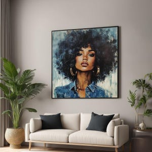 Afro Glam Canvas, Ethereal Beauty Wall Art, Black Woman Portrait, Blue Tones Artwork, Wall Art Canvas Design, Ready to Hang Decoration