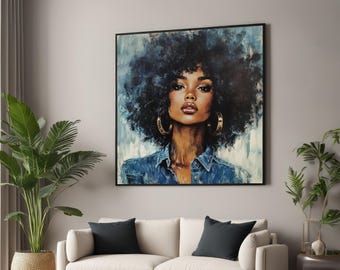 Afro Glam Canvas, Ethereal Beauty Wall Art, Black Woman Portrait, Blue Tones Artwork, Wall Art Canvas Design, Ready to Hang Decoration