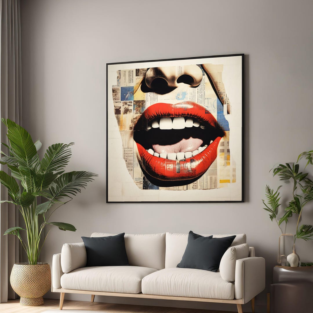 Pop Art Lips Canvas, Red Lips Wall Art, Bold Lip Print, Collage Style ...