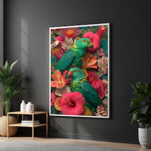 Tropical Parrots Canvas, Floral Parrot Print, Vibrant Bird Wall Art, Colorful Parrot Canvas Design, Ready to Hang Home Decor