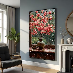 Jarrón de flores de cerezo, lienzo floral, arte mural de flores rosas, póster de flores, diseño de lienzo para pared, decoración lista para colgar