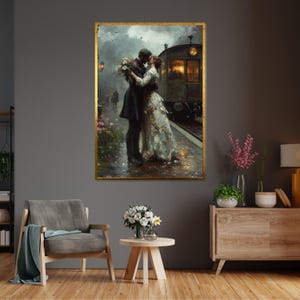 Vintage Train Station Romance, Lovers Kiss Canvas Art, Romantic Couple Wall Art, Vintage Love Poster, Wall Art Canvas Design, Ready to Hang