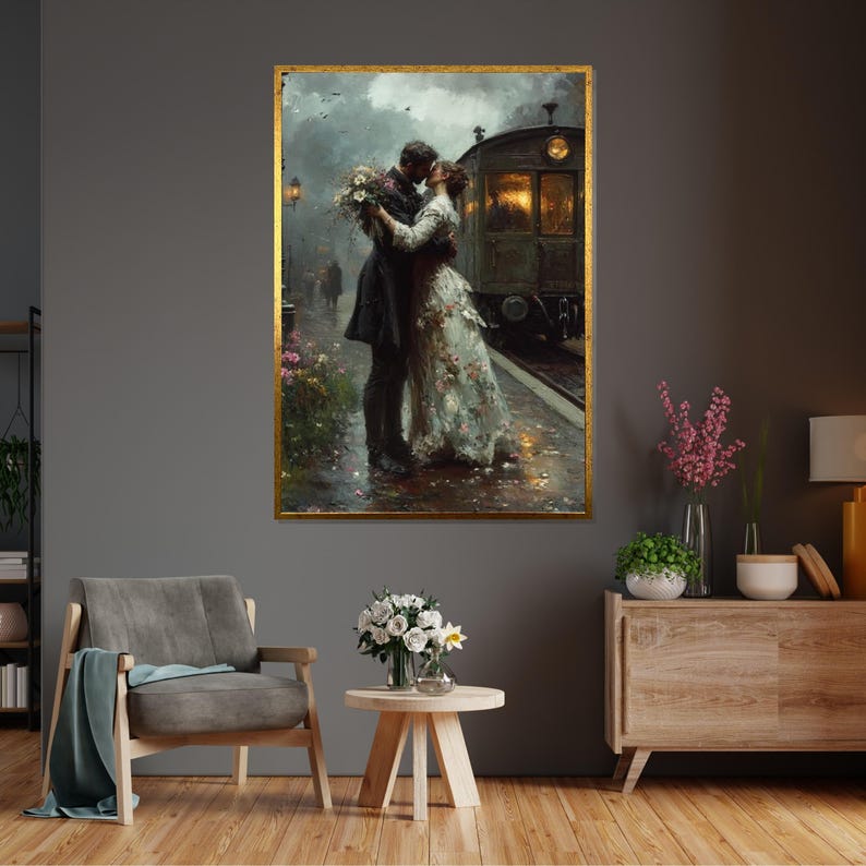 Vintage Train Station Romance, Lovers Kiss Canvas Art, Romantic Couple Wall Art, Vintage Love Poster, Wall Art Canvas Design, Ready to Hang