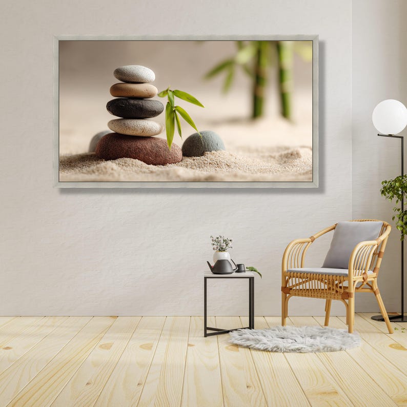 Balanced Zen Stones Stack Canvas, Bamboo Leaves Minimalist Wall Art ...