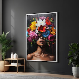 Floral Beauty Canvas, Woman with Flowers, Colorful Portrait Art, Wall Art Canvas Design, Framed Canvas, Ready to Hang Decoration