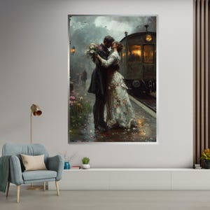 Vintage Train Station Romance, Lovers Kiss Canvas Art, Romantic Couple Wall Art, Vintage Love Poster, Wall Art Canvas Design, Ready to Hang