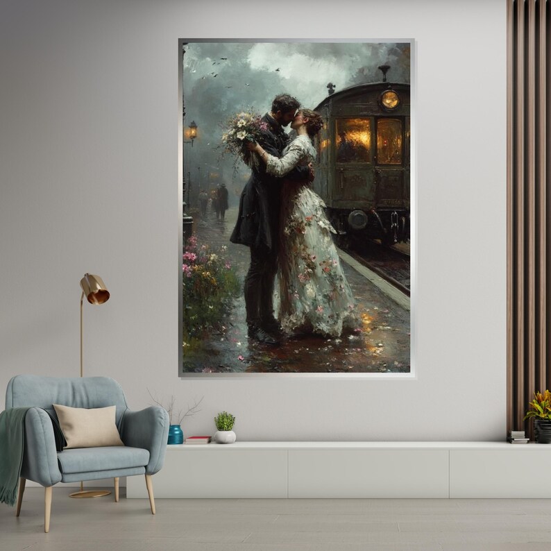 Vintage Train Station Romance, Lovers Kiss Canvas Art, Romantic Couple Wall Art, Vintage Love Poster, Wall Art Canvas Design, Ready to Hang